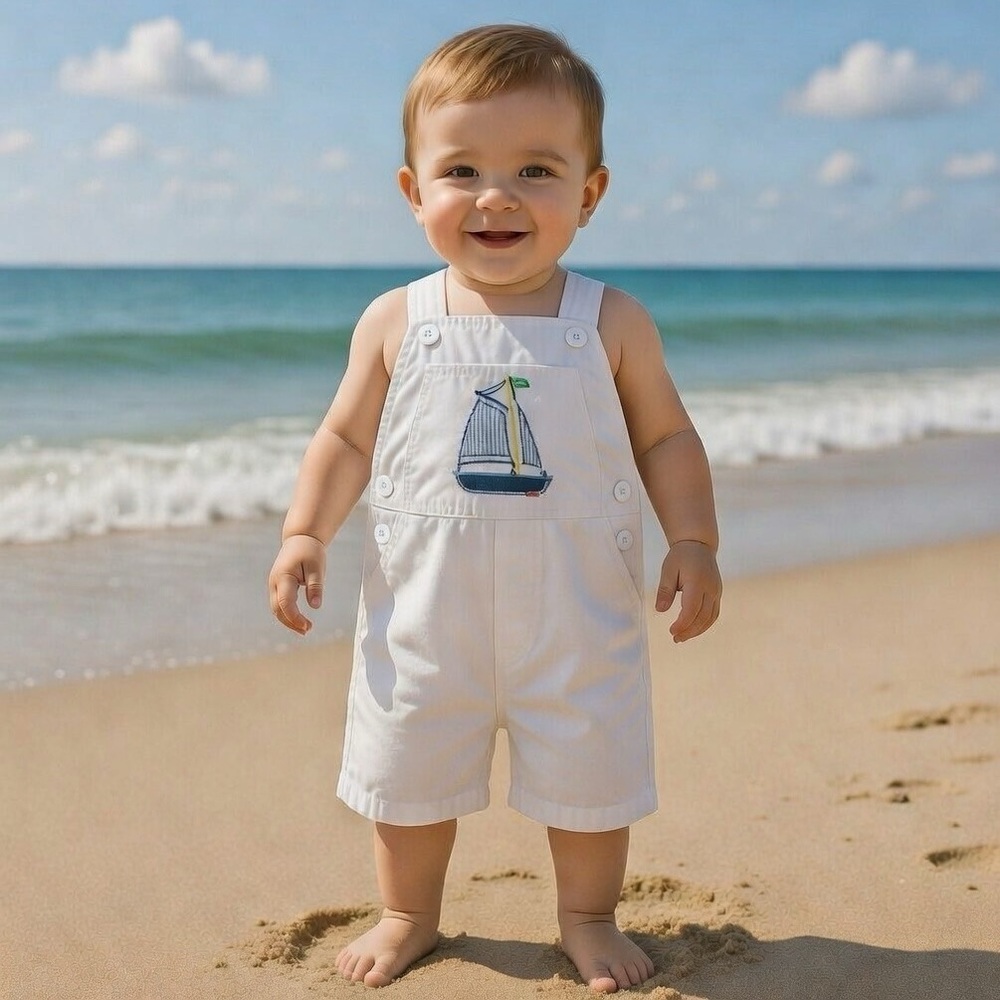 Boys White Summer One Piece Boat Appliqué Blue Striped Lining Size 18 Months